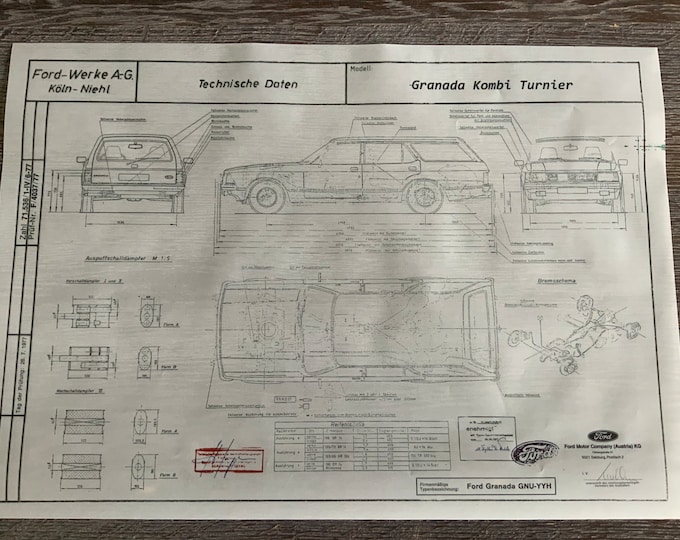 Ford Granada Tournament 1977 construction drawing ART work