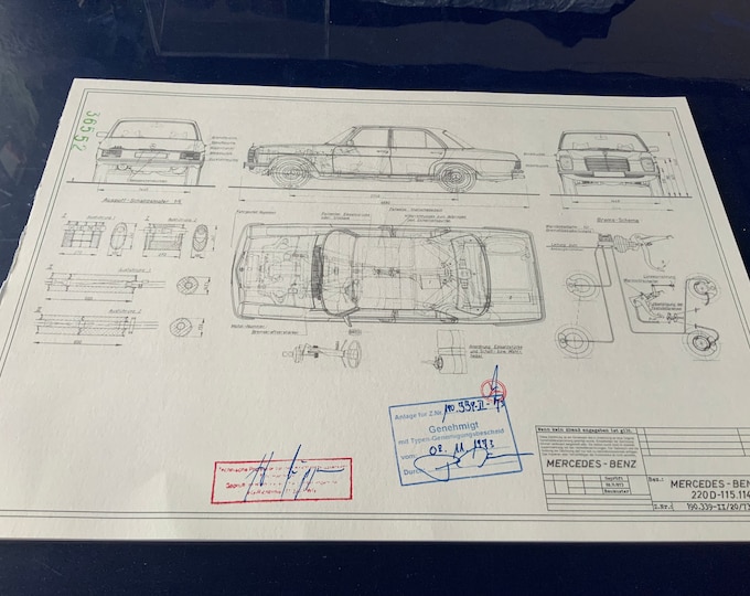 Mercedes W114 220D Strich /8 1973 design drawing ART work