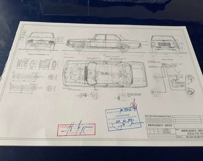 Mercedes W114 220D Strich /8 1973 construction drawing ART work