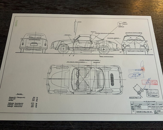 VW Karmann Ghia Cabrio Type 14 construction drawing ART work blueprint