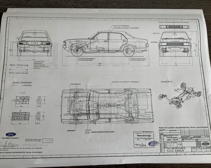 Ford Granada 3000 138PS 4 Door 1972 Construction Drawing ART work Blueprint