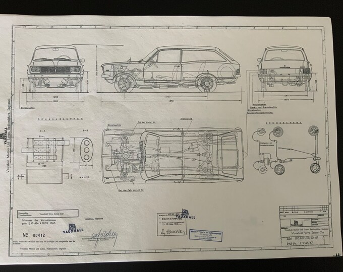 Vauxhall Viva Estate Car 1967 construction drawing ART work blueprint