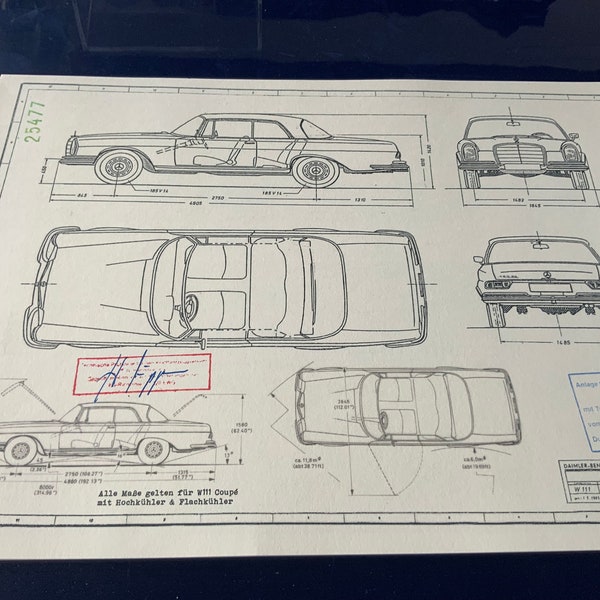 Mercedes W111 280 SE Coupe 1965 Konstruktionszeichnung ART work