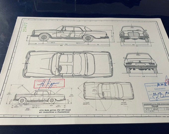 Mercedes W111 280 SE Coupe 1965 design drawing ART work