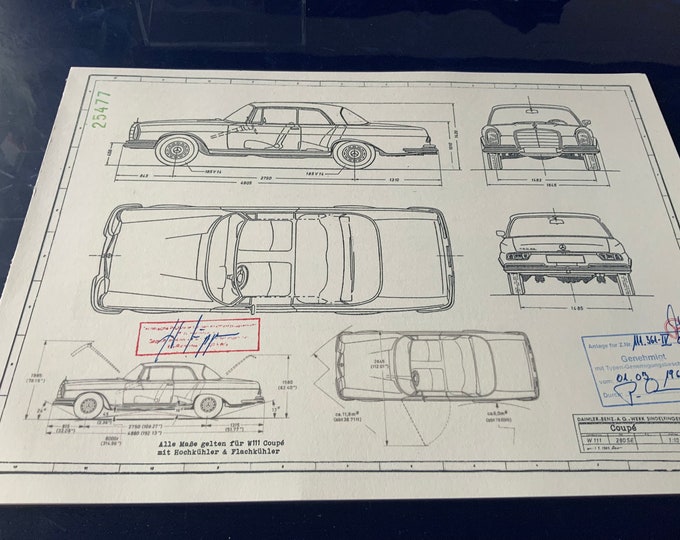 Mercedes W111 280 SE Coupe 1965 construction drawing ART work