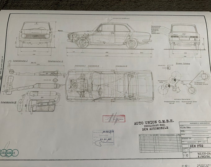 DKW F102 Auto Union 1964 construction drawing ART work blueprint
