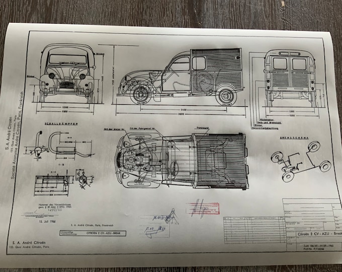 2 CV AZU Break 1966 Citroen construction drawing ART work blueprint