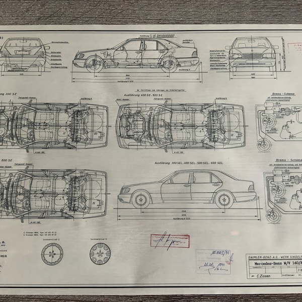 Mercedes W140 Limousine 1991 Konstruktionszeichnung ART work Blaupause