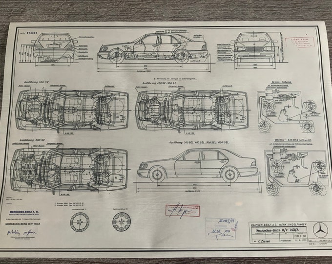Mercedes W140 Limousine 1991 construction drawing ART work blueprint