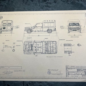 May include: A blueprint of a utility vehicle, featuring multiple views including side, front, and top-down perspectives. The technical drawing includes dimensions and annotations, with a logo in the upper left corner. The paper has a vintage appearance.