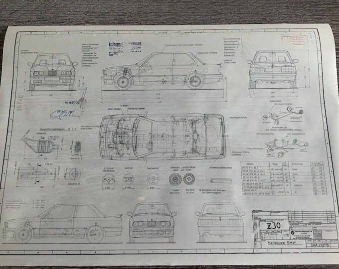 E30 BMW 325i Sport Paket 1987 Konstruktionszeichnung ARTwork