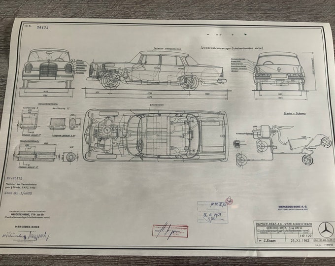 Mercedes W111 220 Sb 1963 construction drawing ART work blueprint