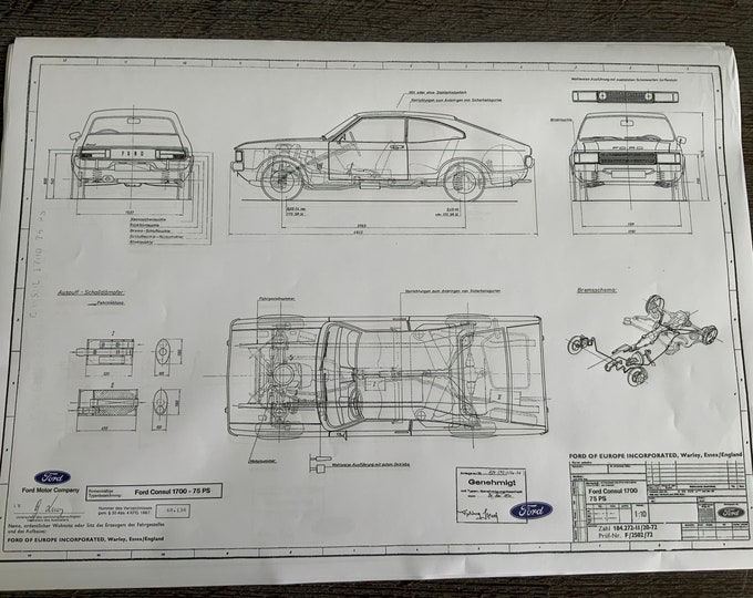Ford Consul Coupé 1700 75PS 1972 construction drawing ART work blueprint