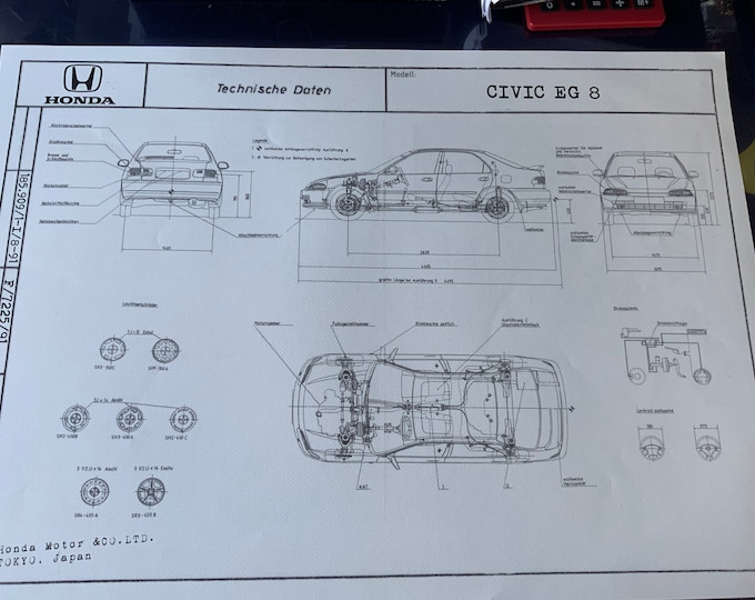Honda Civic EG8 1991 Sedan Construction Drawing ART work Blueprint