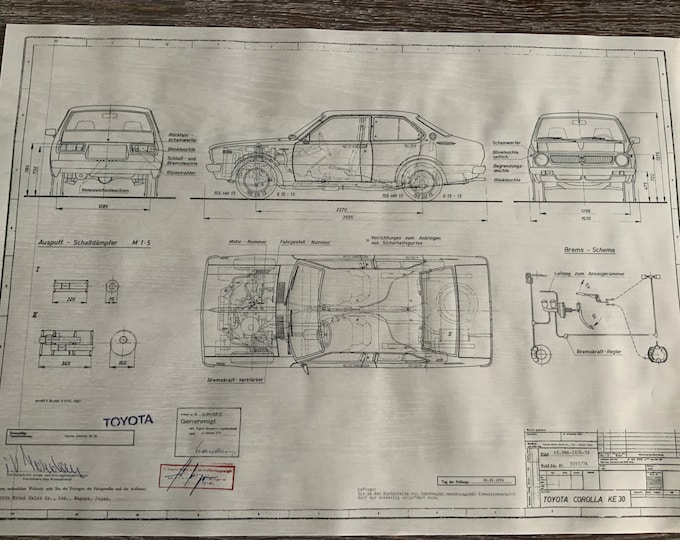 Toyota Corolla KE 30 2 and 4 doors 1974 construction drawing ART work blueprint