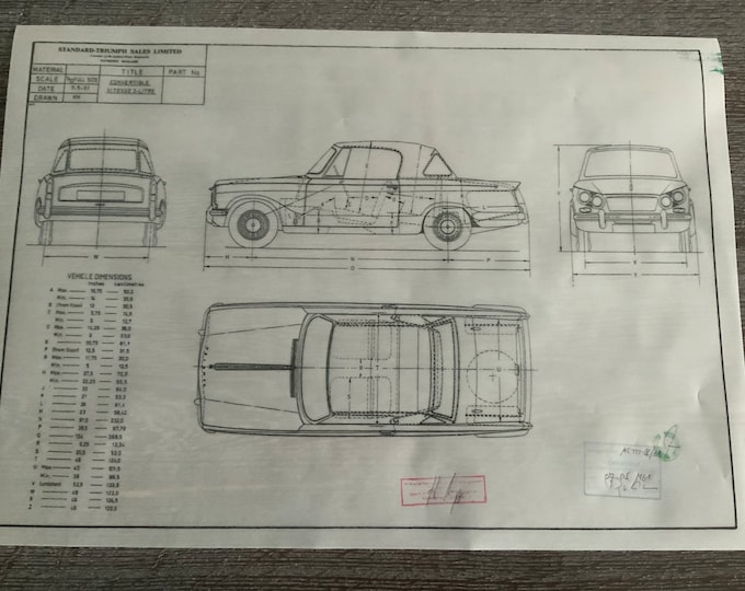 Triumph Convertible Vitesse 1961 construction drawing ART work blueprint