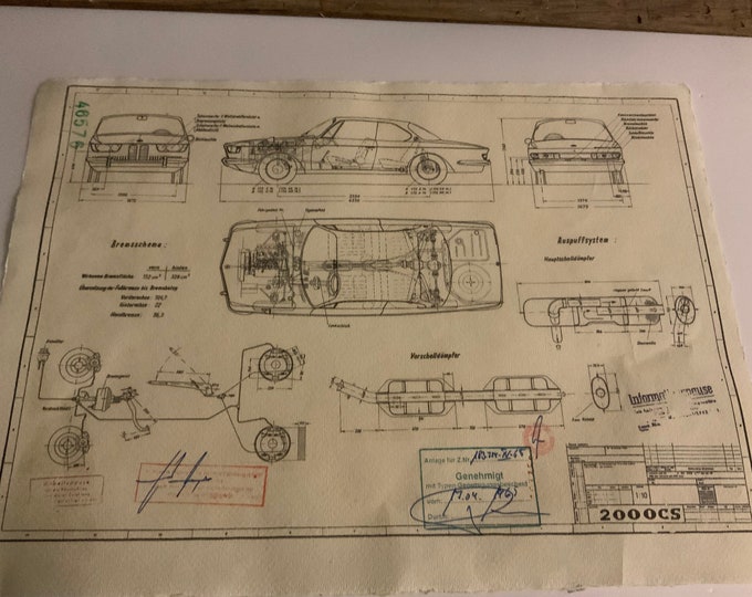 BMW 2000 CS 1965 E9 construction drawing ART work Blueprint