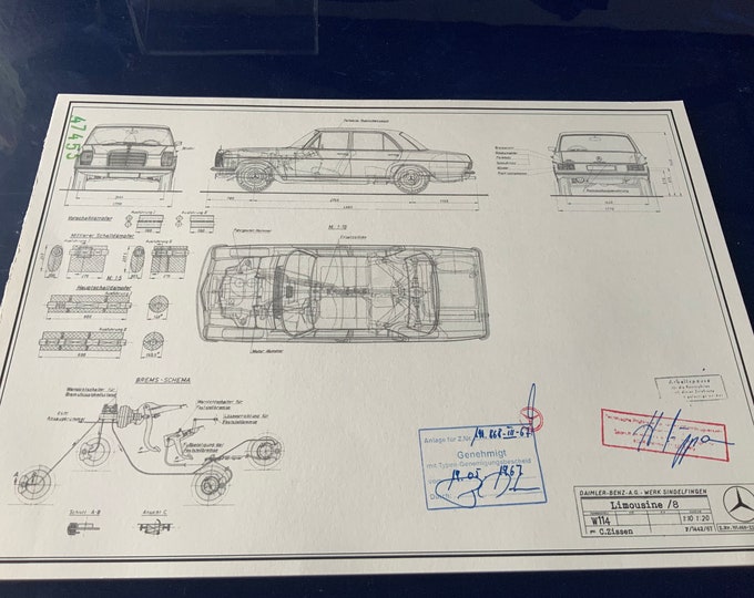 Mercedes W114 strich 8 240 1967 design drawing ART work