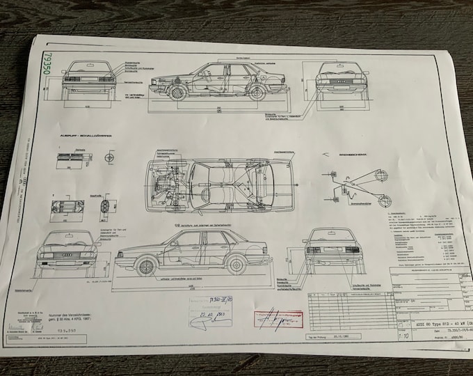 Audi 80 Type 81 D 40KW engine type CR 1980 construction drawing ART work blueprint
