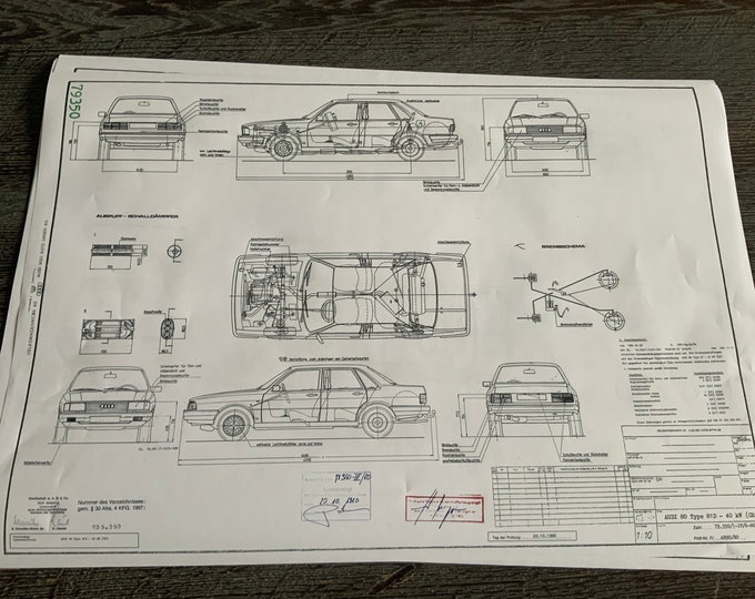 Audi 80 Type 81 D 40KW engine type CR 1980 construction drawing ART work blueprint