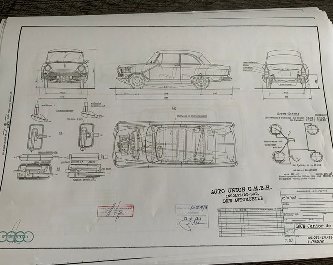 DKW Auto Union Junior de Luxe 1961 construction drawing ART work blueprint