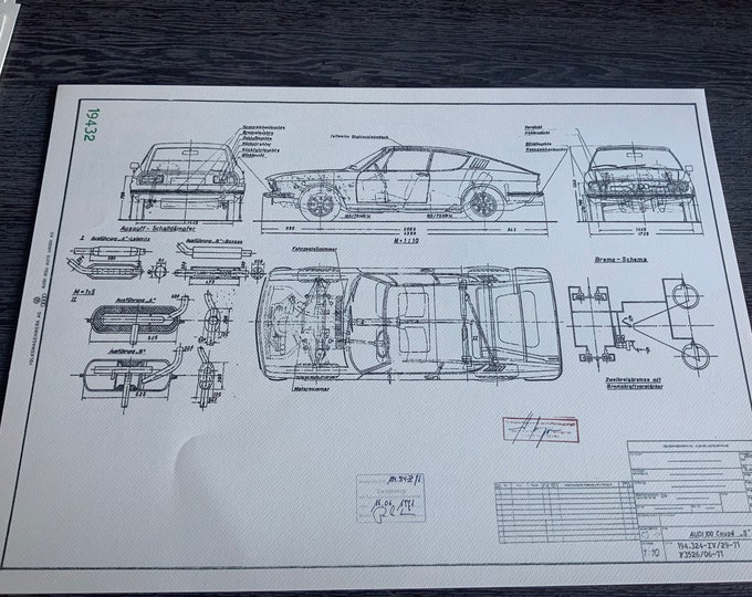 Audi 100 Coupe S 1971 construction drawing ART work blueprint