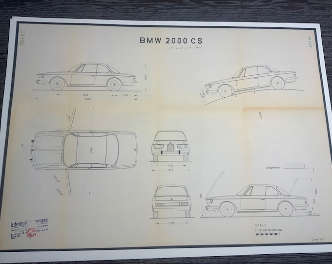 BMW 2000 CS 1965 construction drawing ART work Blueprint