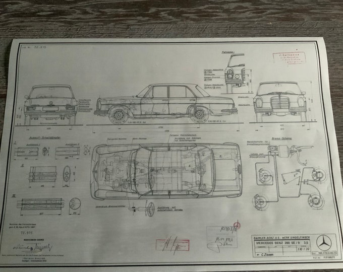 Mercedes W108 280SE /9 3,5 1971 construction drawing ART work blueprint