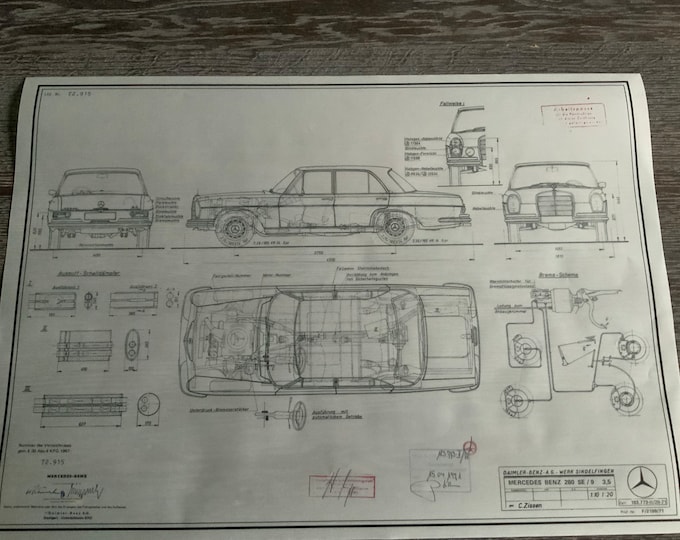 Mercedes W108 280SE /9 3.5 1971 construction drawing ART work blueprint