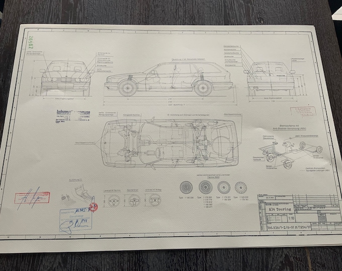 BMW E34 Touring 1992 construction drawing ART work Blueprint