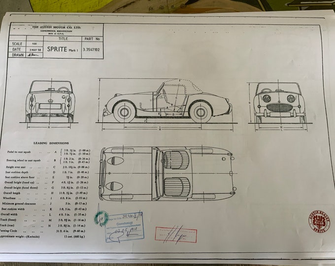 Austin Sprite Frogeye 1958 construction drawing ART work blueprint