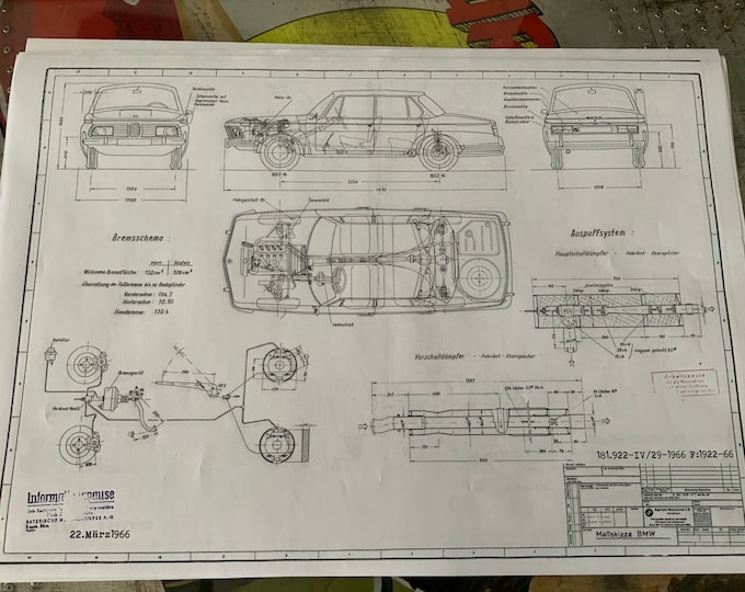 BMW 2000 1966 construction drawing ART work blueprint