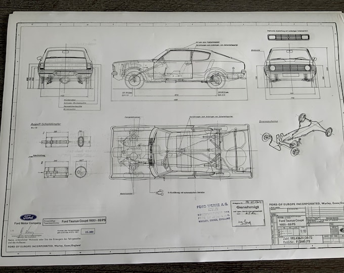 Ford Taunus Coupé 1600 69HP 1972 construction drawing ART work blueprint