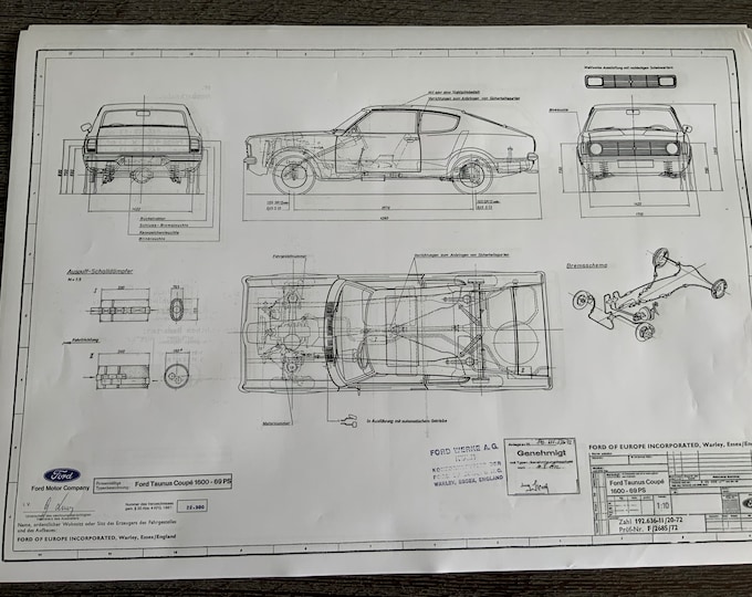 Ford Taunus Coupé 1600 69PS 1972 construction drawing ART work blueprint