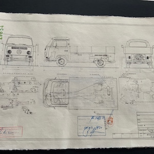 VW T2 A Pritsche Breitbau Single Cab Wood 1970 Construction Drawing ART work Blueprint