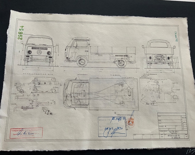 VW T2 A flatbed wide body Singel Cab Wood 1970 construction drawing ART work blueprint