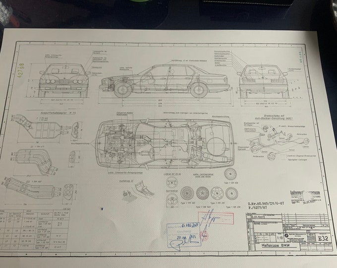 BMW E32 7 Series 1987 construction drawing ART work Blueprint