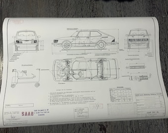 Saab 900 GL 1980 construction drawing ART work blueprint