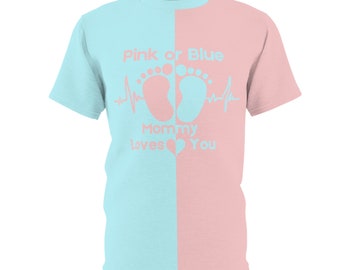 Gender Reveal Party Pulse Unisex Adult Split Shirt Two Tone Shirt Baby Shower Pink or Blue Mommy Loves You with Footprints & Pulse