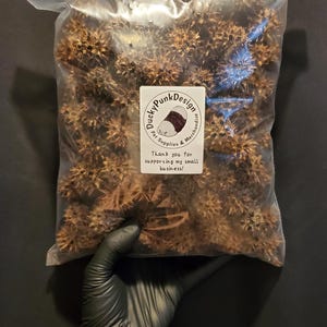 May include: A clear plastic bag filled with brown, spiky seed pods. The bag is held by a gloved hand. A label on the bag reads "Ducky Punk Design Pet Supplies & Merchandise" and "Thank you for supporting my small business!"