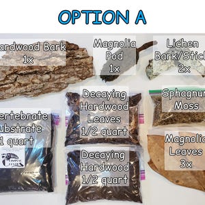 May include: Option A terrarium substrate kit. Includes hardwood bark, magnolia pod, lichen bark/sticks, invertebrate substrate, decaying hardwood leaves, sphagnum moss, and magnolia leaves. The text "OPTION A" is in blue.