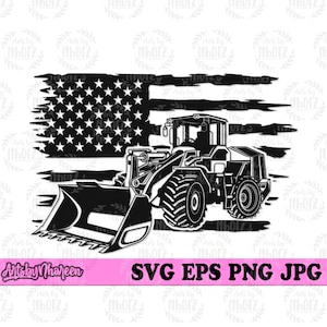 Könnte beinhalten: Schwarz-weiße Silhouette eines Radladers mit einer großen Schaufel vor einer notleidenden amerikanischen Flagge.