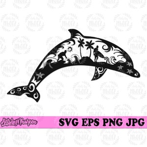 Dolphin Surfing Scene svg, Summer Clipart, Beach Vibes T-shirt Design png, Salt Life Cut File, Island Shaka Vacation Stencil, Sea Animal dxf