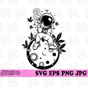 May include: Black and white illustration of an astronaut sitting on the moon with marijuana leaves around them. The astronaut is holding a joint in their hand and has a cloud of smoke above their head.