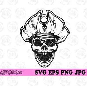 May include: Black and white illustration of a skull wearing a pirate hat with an eye patch. The skull is grinning with its mouth open and has a crossbones design on the hat.