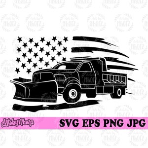 Puede incluir: Gráfico en blanco y negro de un camión quitanieves con un diseño de la bandera estadounidense. El diseño incluye estrellas, rayas y el texto "SVG EPS PNG JPG".