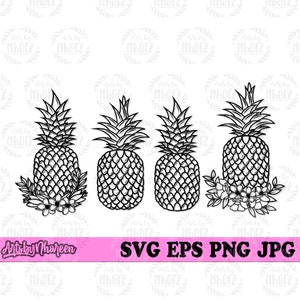 Puede incluir: Tres dibujos en blanco y negro de piñas. La piña de la izquierda tiene un diseño floral en la parte inferior. La piña del medio es lisa. La piña de la derecha tiene un diseño floral en la parte inferior.