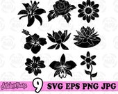 9 Flower SVG Bundle,  Floral Bundle svg, Wild Flower svg, Flower Bundle svg, Floral Clipart, Floral Cutfile, Flower dxf, Floral PNG Bundle