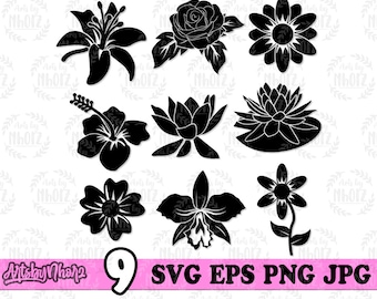 9 Flower SVG Bundle,  Floral Bundle svg, Wild Flower svg, Flower Bundle svg, Floral Clipart, Floral Cutfile, Flower dxf, Floral PNG Bundle
