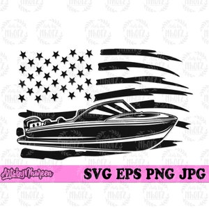 May include: A black and white graphic depicting a speedboat with an American flag design. The flag shows stars and stripes, with the boat below. The image includes the text "SVG EPS PNG JPG" and the artist's name.